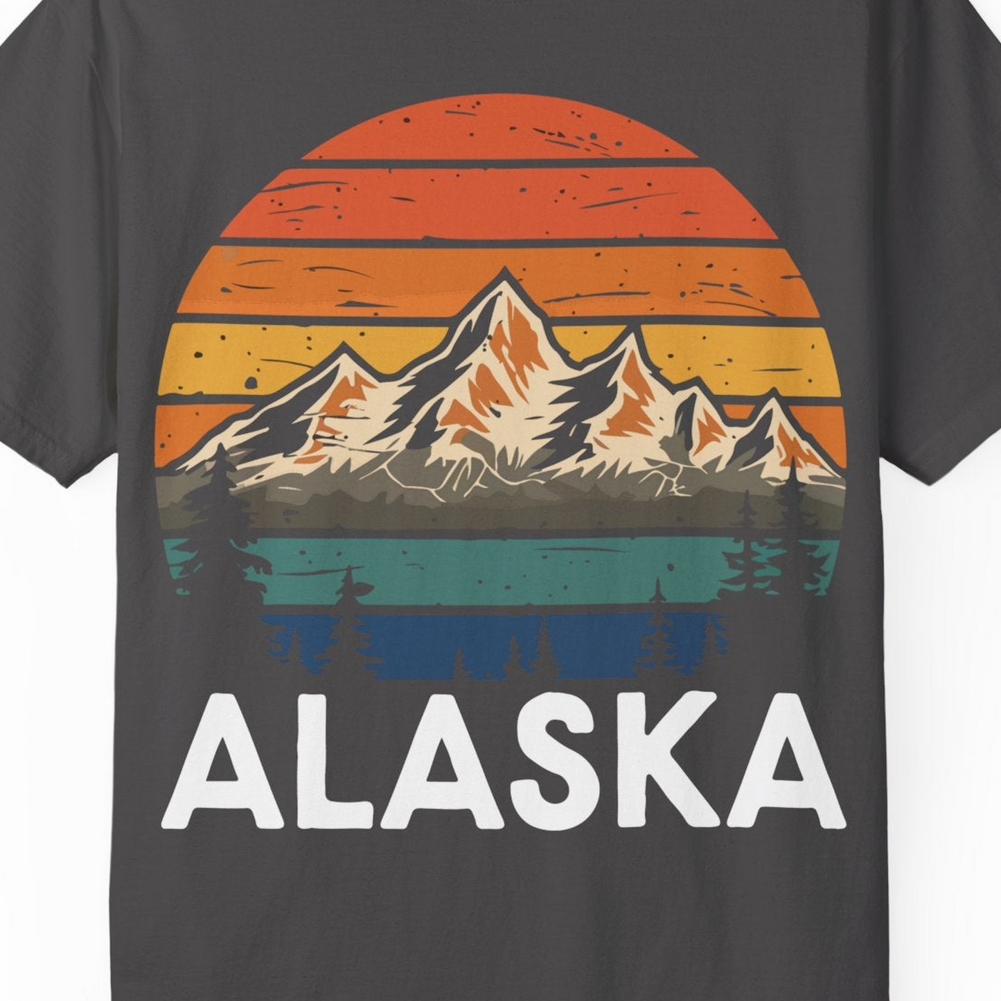Retro Alaska Mountain Scenery Shirt Comfort Colors T-Shirt – Graphite – Alaska Cruise Shirts Close Up