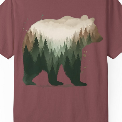 Double Exposure Bear Forest Shirt Comfort Colors T-Shirt – Brick – Alaska Cruise Shirts Close Up