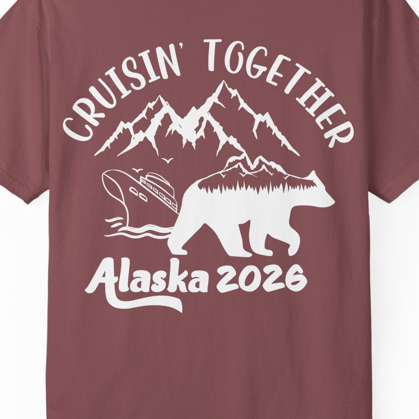 Cruisin Together Alaska 2026 Bear Mountain Group Cruise Shirt — Comfort Comfort Colors T-Shirt – Brick – Alaska Cruise Shirts Close Up