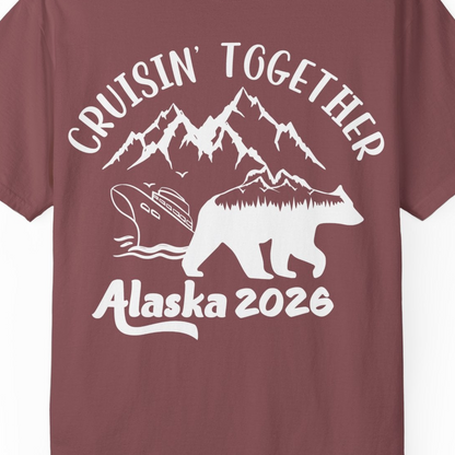 Cruisin Together Alaska 2026 Bear Mountain Group Cruise Shirt — Comfort Comfort Colors T-Shirt – Brick – Alaska Cruise Shirts Close Up