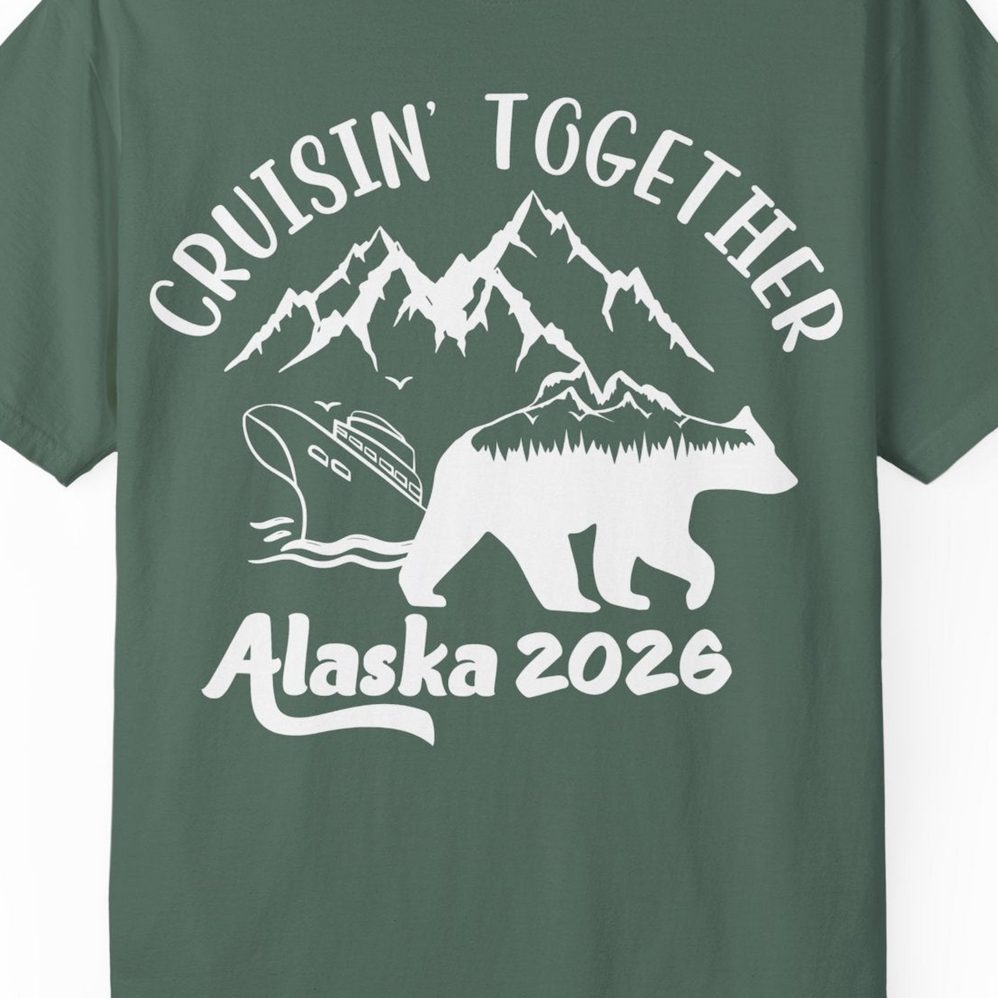 Cruisin Together Alaska 2026 Bear Mountain Group Cruise Shirt — Comfort Comfort Colors T-Shirt – Blue Spruce – Alaska Cruise Shirts Close Up