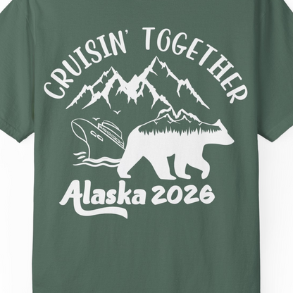 Cruisin Together Alaska 2026 Bear Mountain Group Cruise Shirt — Comfort Comfort Colors T-Shirt – Blue Spruce – Alaska Cruise Shirts Close Up