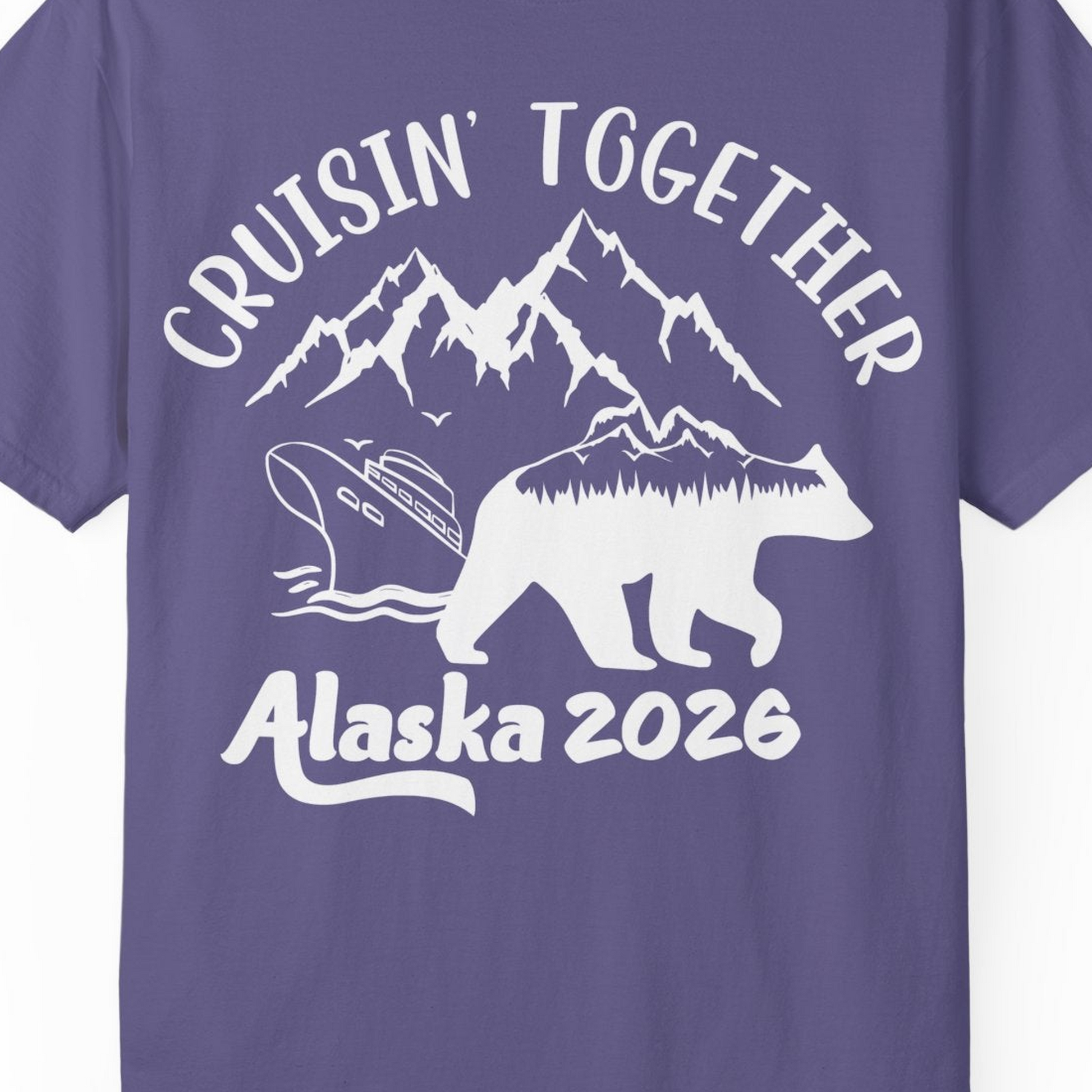 Cruisin Together Alaska 2026 Bear Mountain Group Cruise Shirt — Comfort Comfort Colors T-Shirt – Grape – Alaska Cruise Shirts Close Up