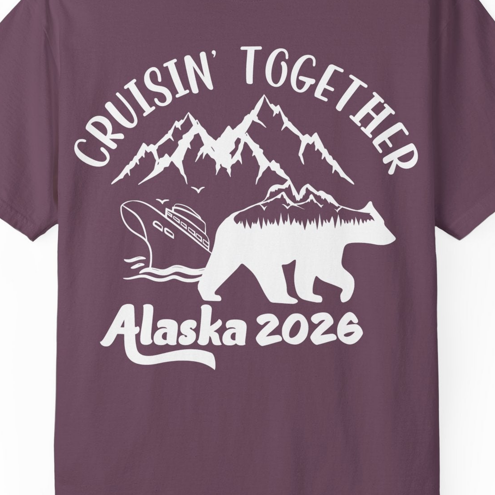 Cruisin Together Alaska 2026 Bear Mountain Group Cruise Shirt — Comfort Comfort Colors T-Shirt – Berry – Alaska Cruise Shirts Close Up