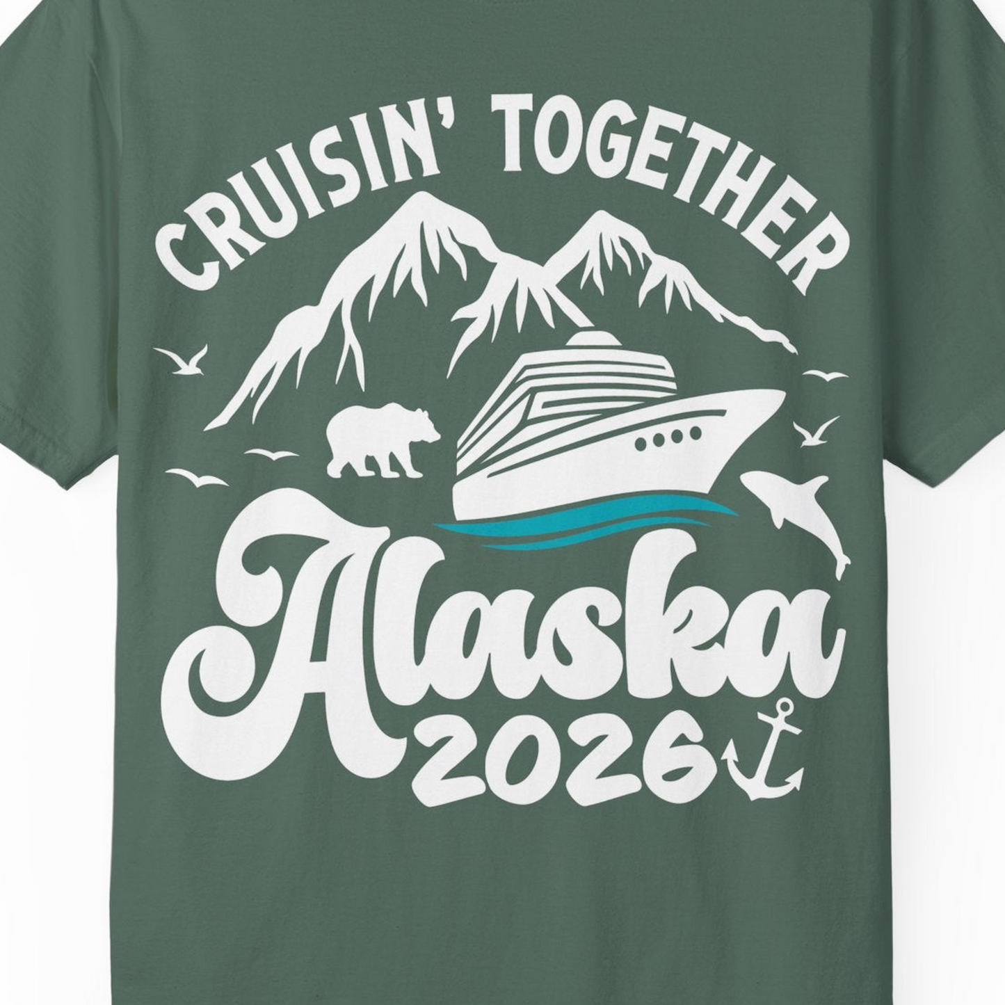 Alaska Cruise Adventure Shirt Comfort Colors T-Shirt – Blue Spruce – Alaska Cruise Shirts Close Up