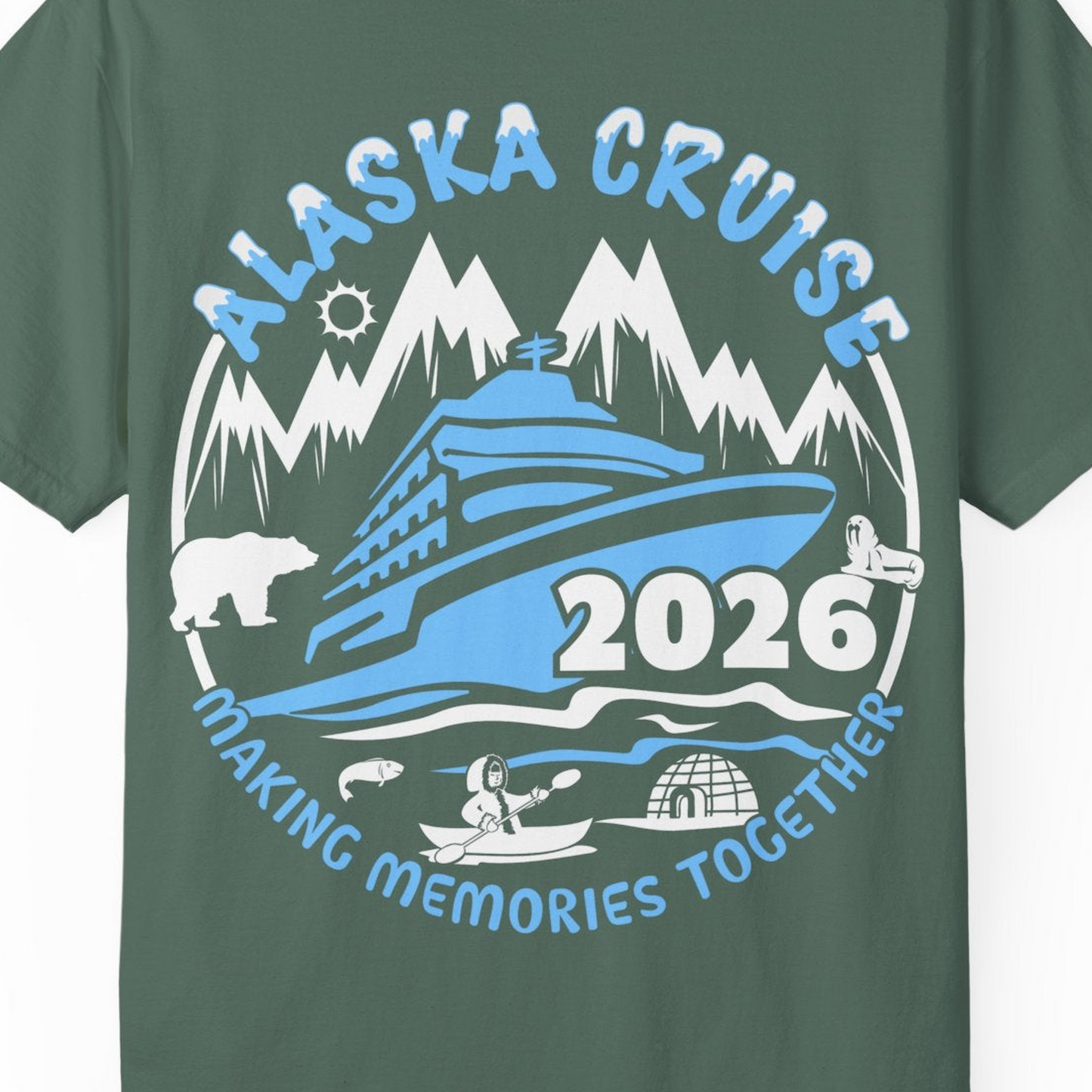 Alaska Cruise 2026 Shirt Comfort Colors T-Shirt – Blue Spruce – Alaska Cruise Shirts Close Up