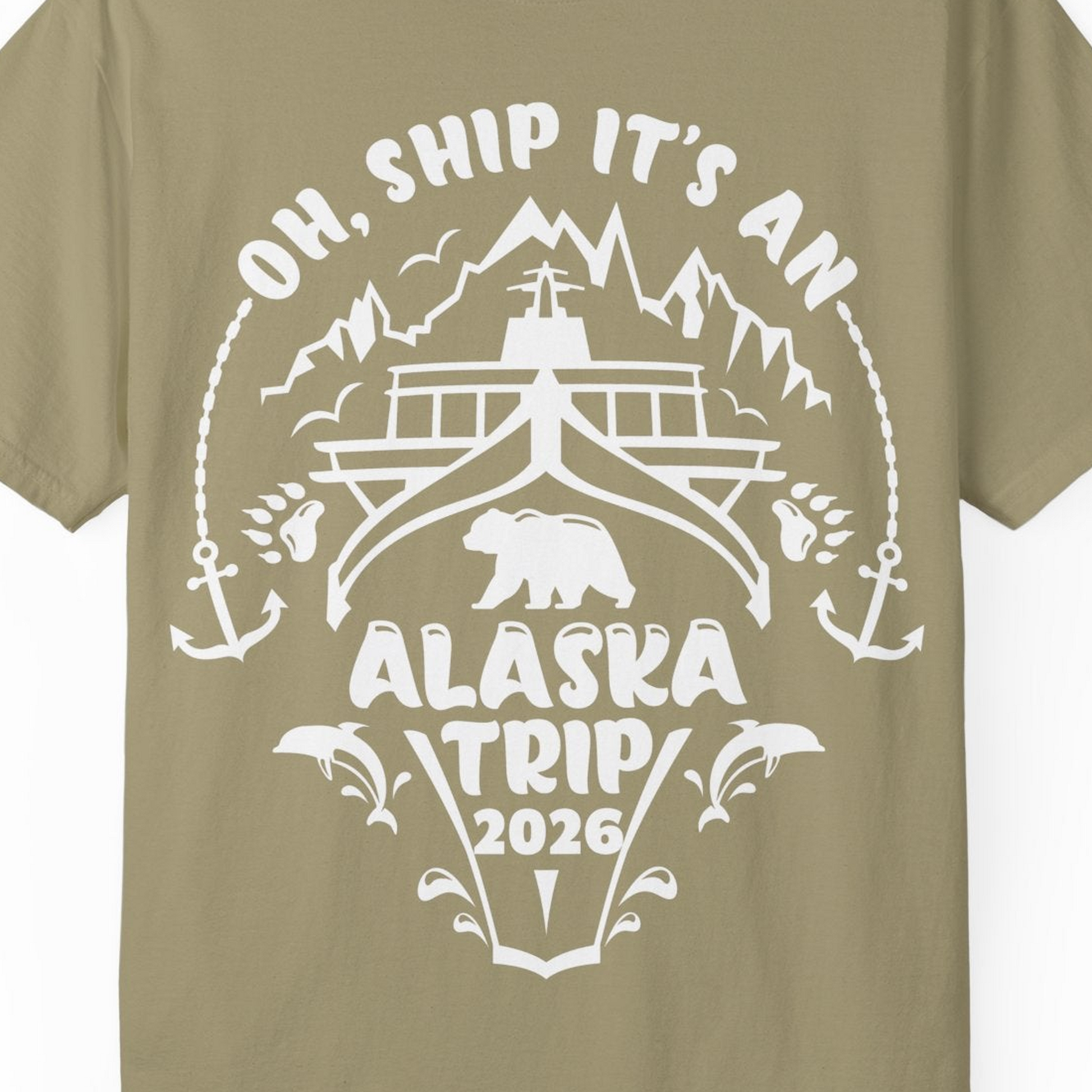 Oh Ship It’s an Alaska Trip 2026 Cruise and Wildlife Shirt — Comfort Comfort Colors T-Shirt – Khaki – Alaska Cruise Shirts Close Up