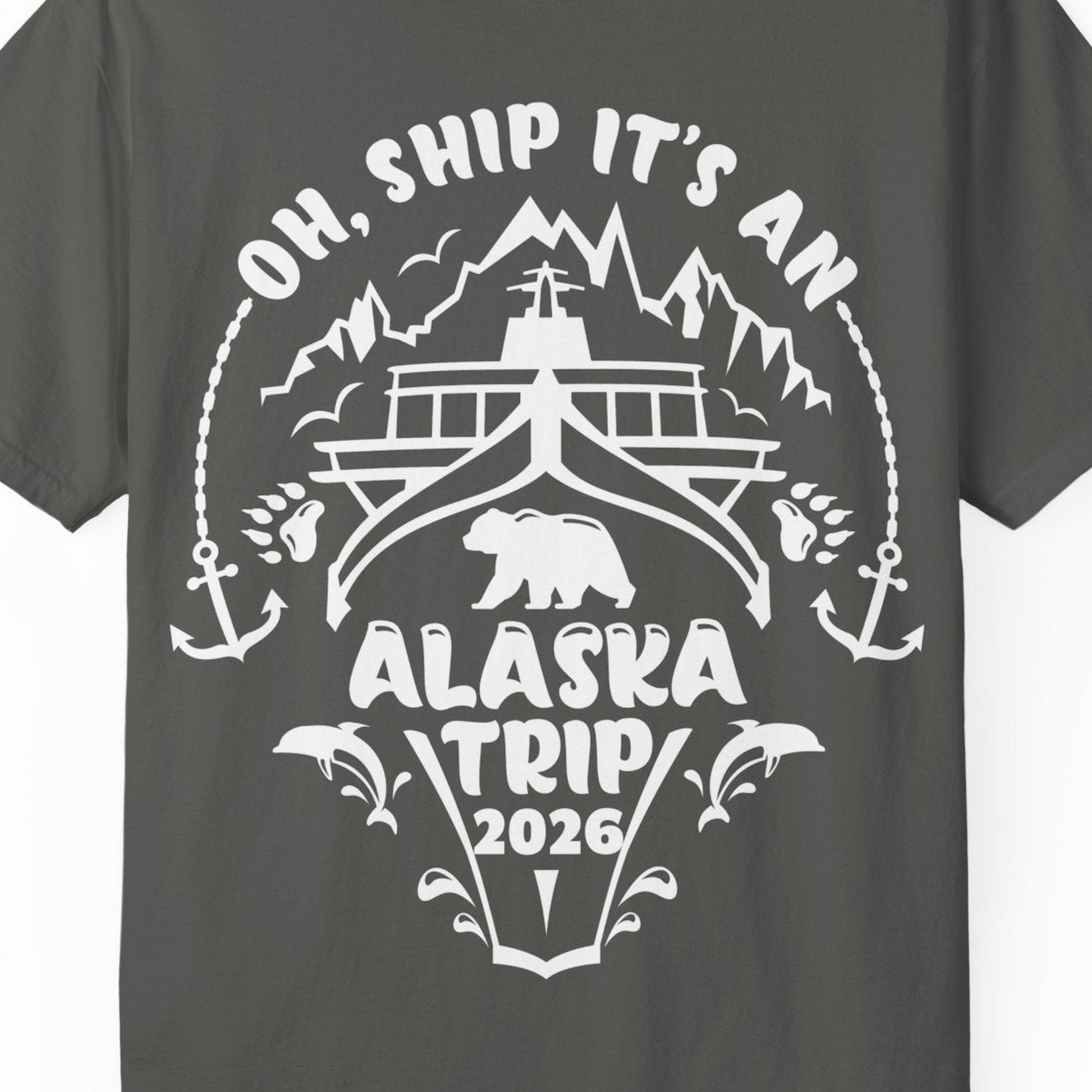 Oh Ship It’s an Alaska Trip 2026 Cruise and Wildlife Shirt — Comfort Comfort Colors T-Shirt – Pepper – Alaska Cruise Shirts Close Up