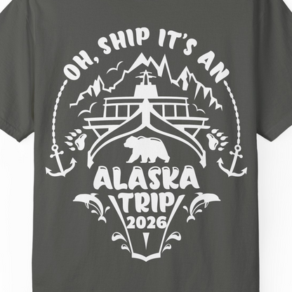 Oh Ship It’s an Alaska Trip 2026 Cruise and Wildlife Shirt — Comfort Comfort Colors T-Shirt – Pepper – Alaska Cruise Shirts Close Up