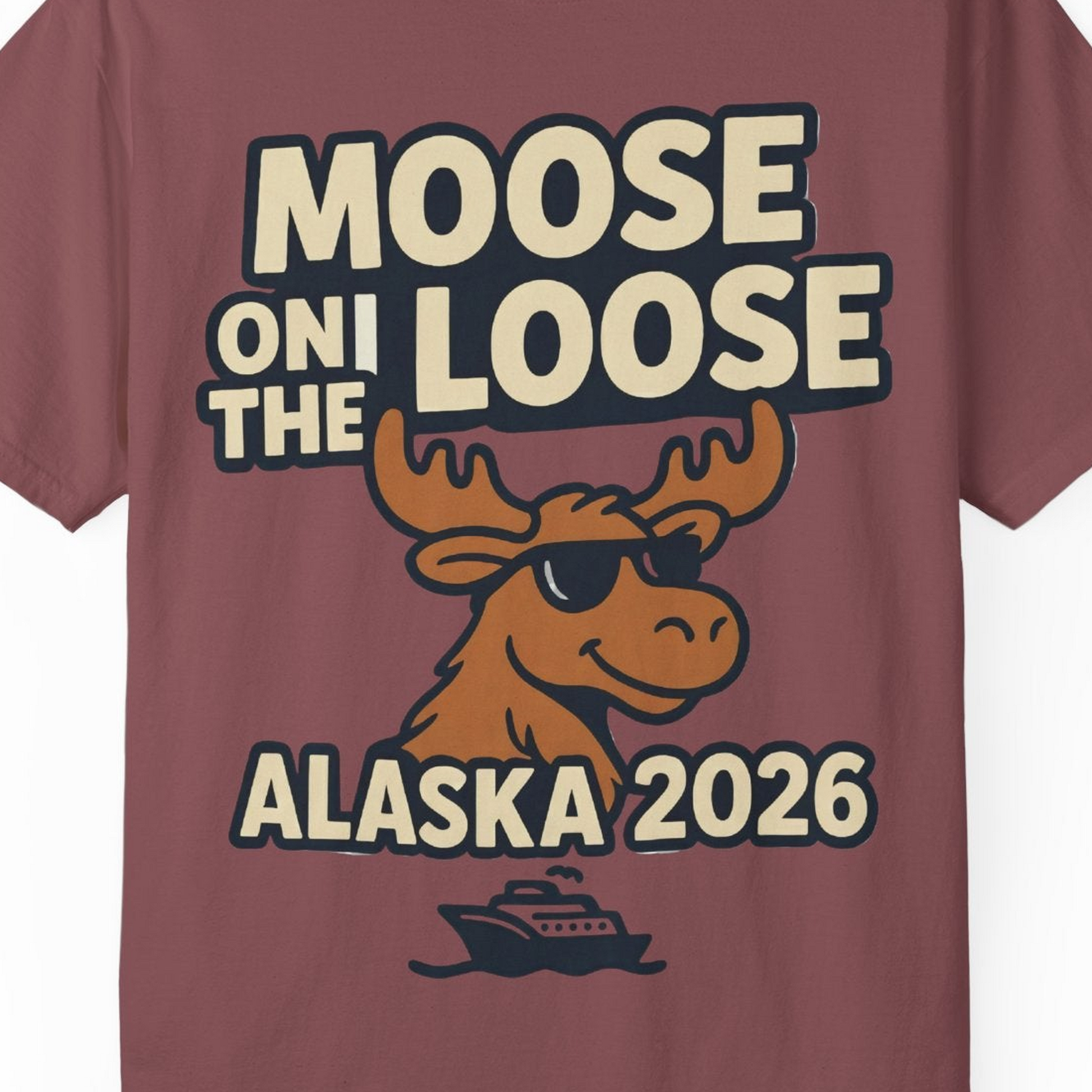 Moose on the Loose Alaska 2026 Cruise Cartoon Funny Shirt — Comfort Comfort Colors T-Shirt – Brick – Alaska Cruise Shirts Close Up
