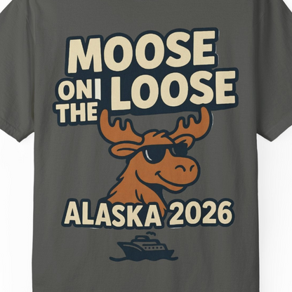Moose on the Loose Alaska 2026 Cruise Cartoon Funny Shirt — Comfort Comfort Colors T-Shirt – Pepper – Alaska Cruise Shirts Close Up