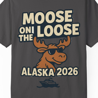 Moose on the Loose Alaska 2026 Cruise Cartoon Funny Shirt — Comfort Comfort Colors T-Shirt – Graphite – Alaska Cruise Shirts Close Up