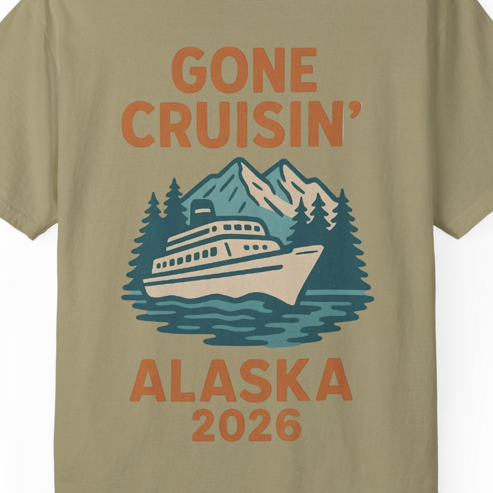 Gone Cruisin Alaska 2026 Retro Cruise Ship Nature Scenery Shirt — Comfort Comfort Colors T-Shirt – Khaki – Alaska Cruise Shirts Close Up