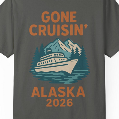 Gone Cruisin Alaska 2026 Retro Cruise Ship Nature Scenery Shirt — Comfort Comfort Colors T-Shirt – Pepper – Alaska Cruise Shirts Close Up