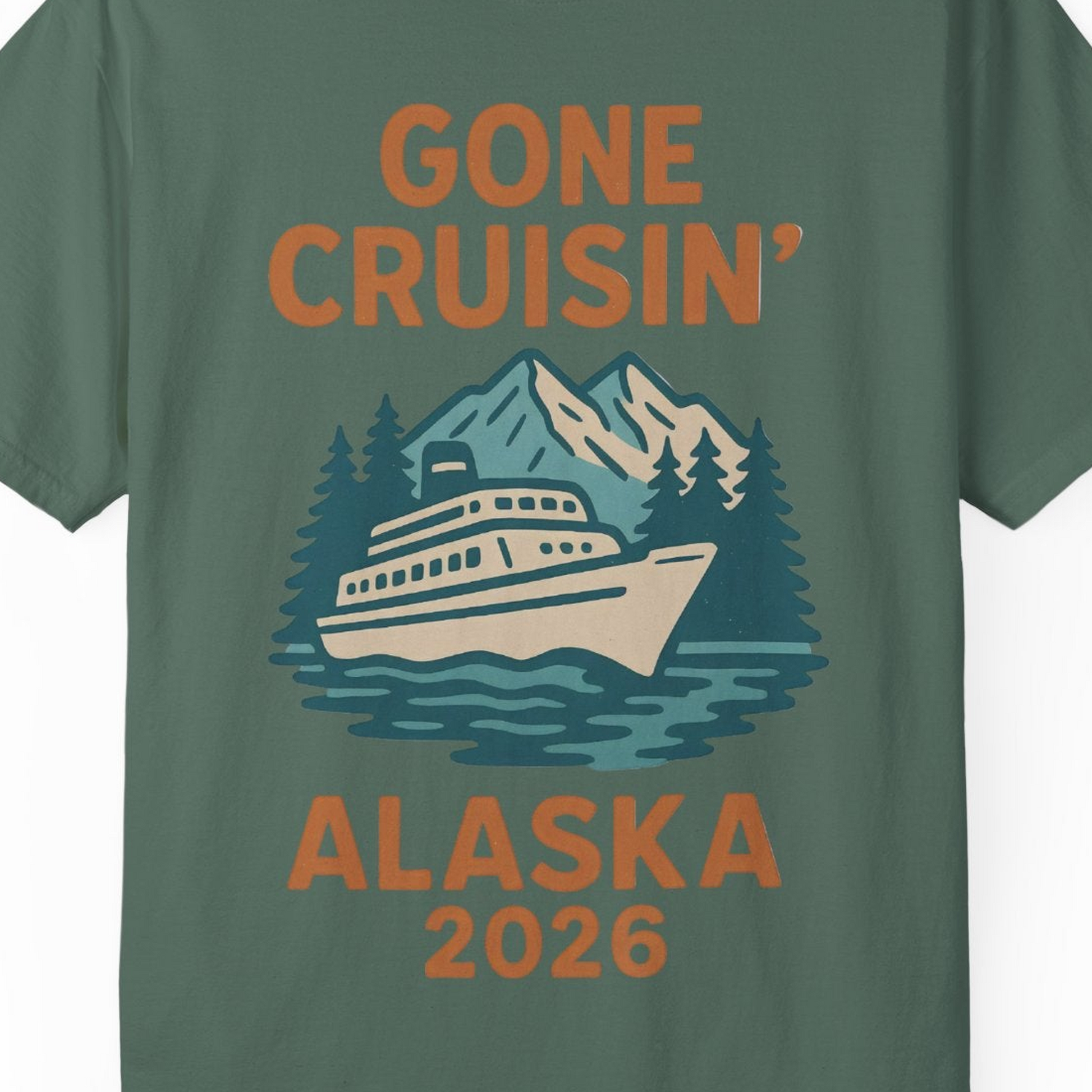 Gone Cruisin Alaska 2026 Retro Cruise Ship Nature Scenery Shirt — Comfort Comfort Colors T-Shirt – Blue Spruce – Alaska Cruise Shirts Close Up