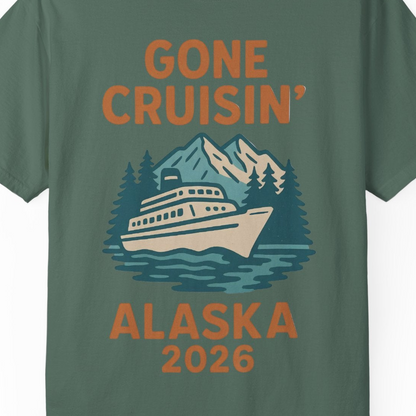 Gone Cruisin Alaska 2026 Retro Cruise Ship Nature Scenery Shirt — Comfort Comfort Colors T-Shirt – Blue Spruce – Alaska Cruise Shirts Close Up