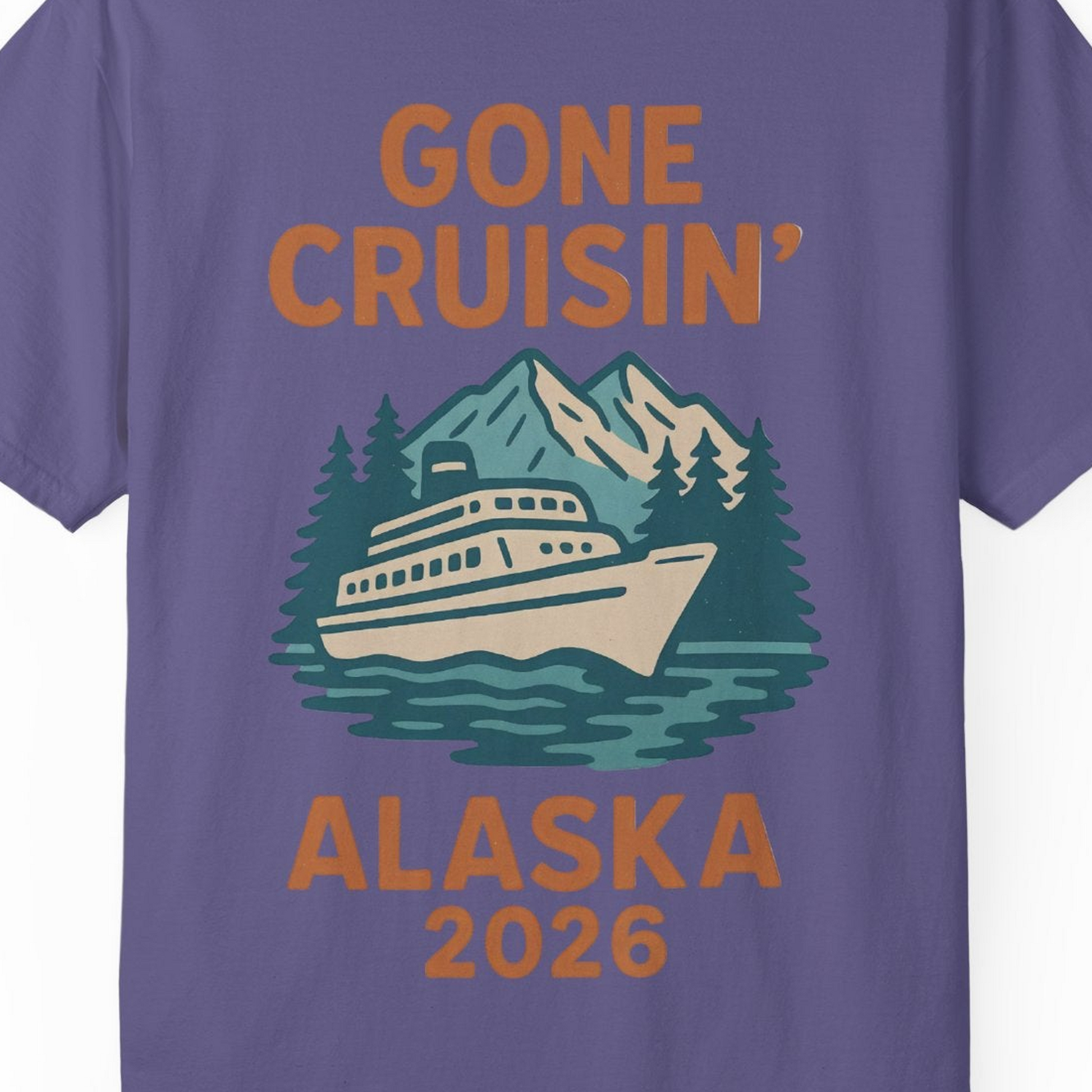 Gone Cruisin Alaska 2026 Retro Cruise Ship Nature Scenery Shirt — Comfort Comfort Colors T-Shirt – Grape – Alaska Cruise Shirts Close Up