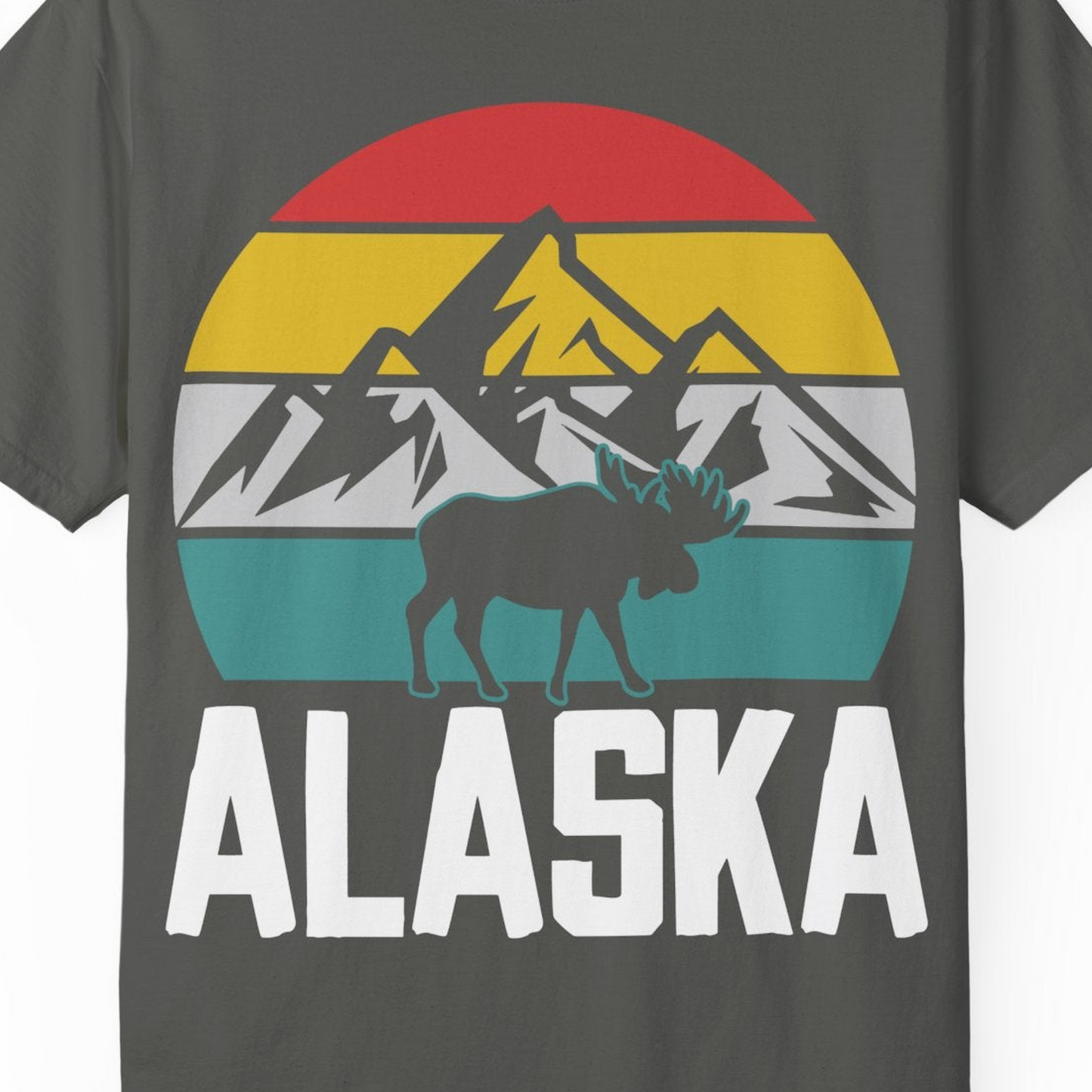 Retro Alaska Moose Silhouette Shirt Comfort Colors T-Shirt – Pepper – Alaska Cruise Shirts Close Up