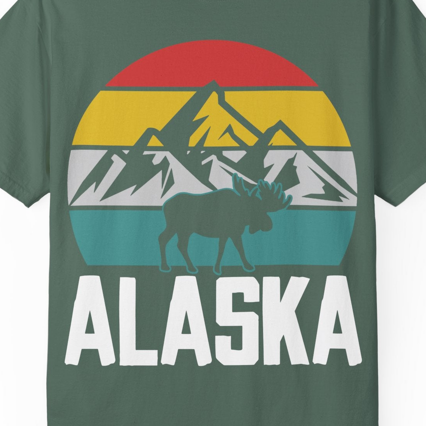 Retro Alaska Moose Silhouette Shirt Comfort Colors T-Shirt – Blue Spruce – Alaska Cruise Shirts Close Up