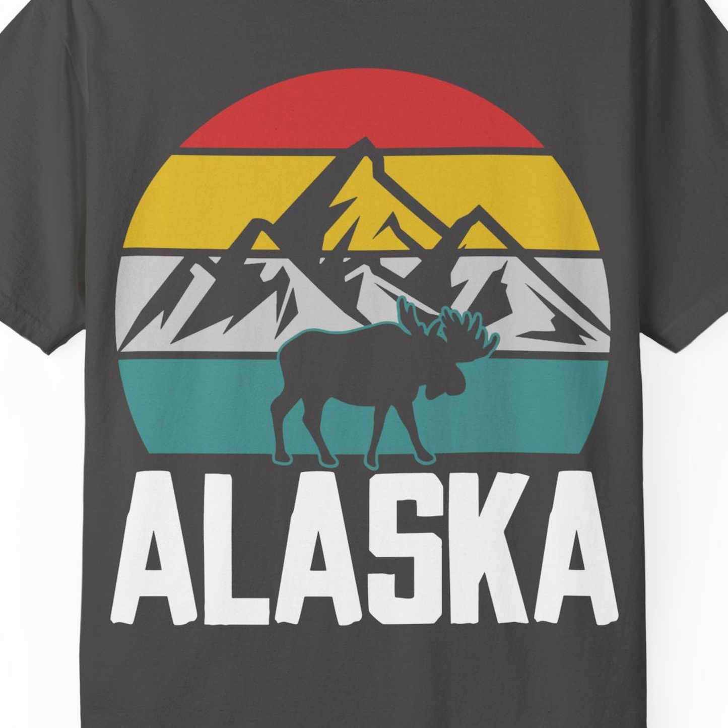 Retro Alaska Moose Silhouette Shirt Comfort Colors T-Shirt – Graphite – Alaska Cruise Shirts Close Up