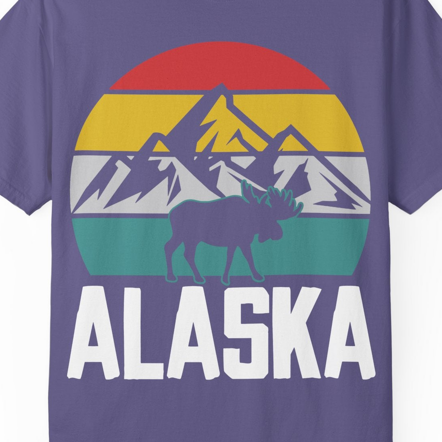 Retro Alaska Moose Silhouette Shirt Comfort Colors T-Shirt – Grape – Alaska Cruise Shirts Close Up