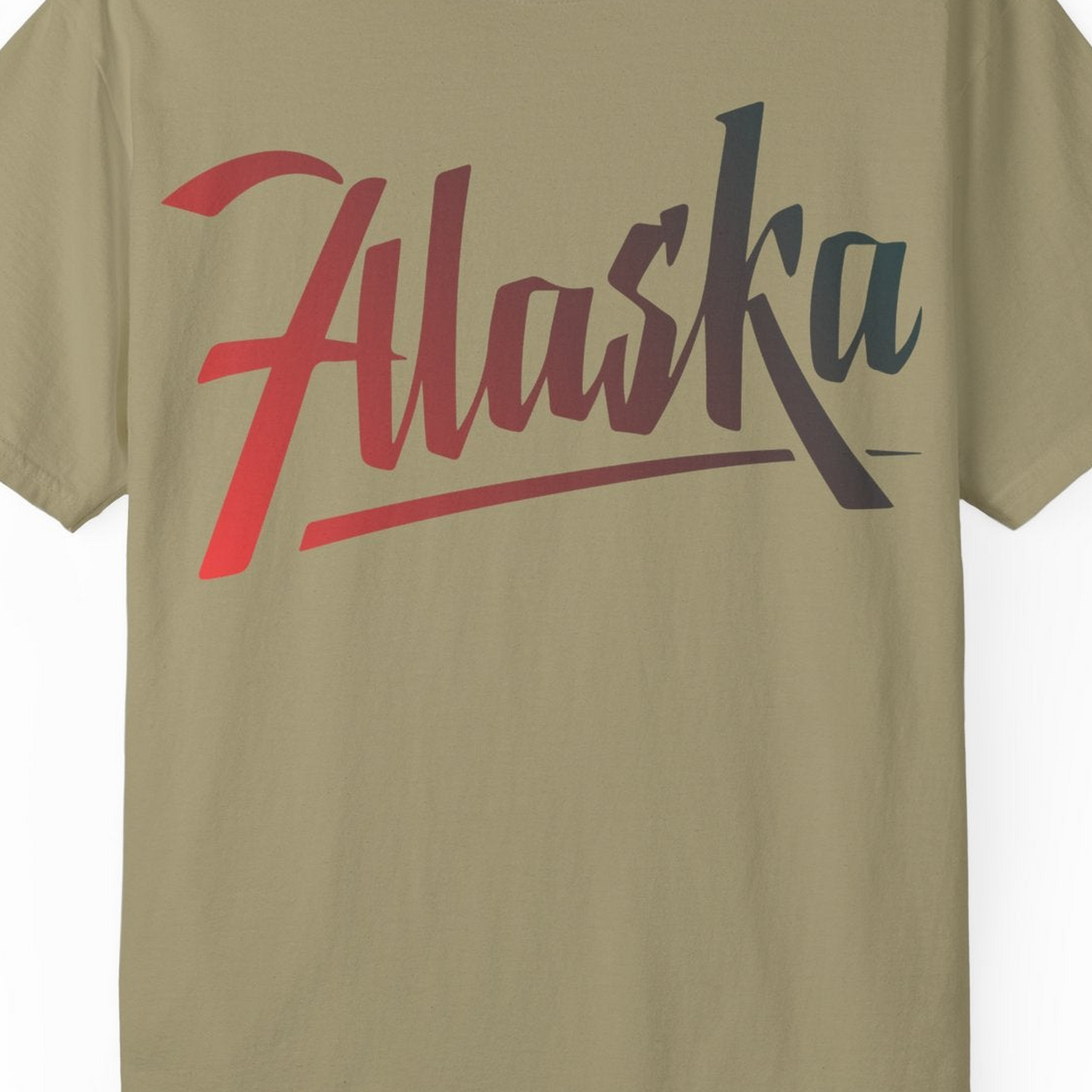 Alaska Script Wordmark Shirt Comfort Colors T-Shirt – Khaki – Alaska Cruise Shirts Close Up