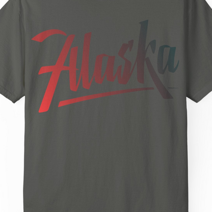 Alaska Script Wordmark Shirt Comfort Colors T-Shirt – Pepper – Alaska Cruise Shirts Close Up