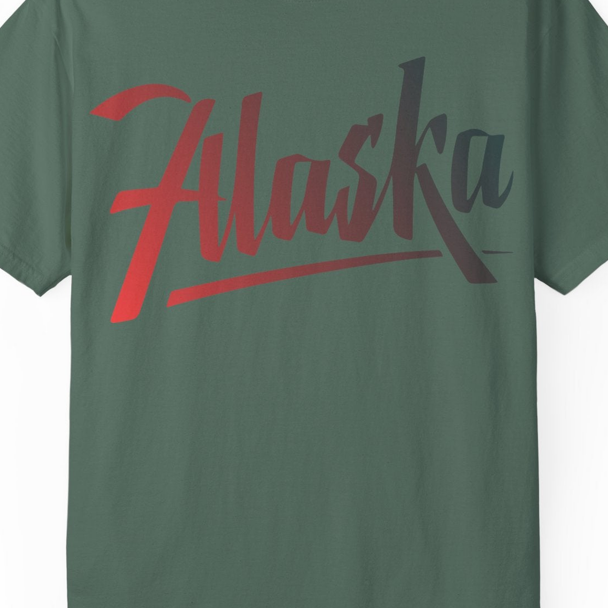 Alaska Script Wordmark Shirt Comfort Colors T-Shirt – Blue Spruce – Alaska Cruise Shirts Close Up