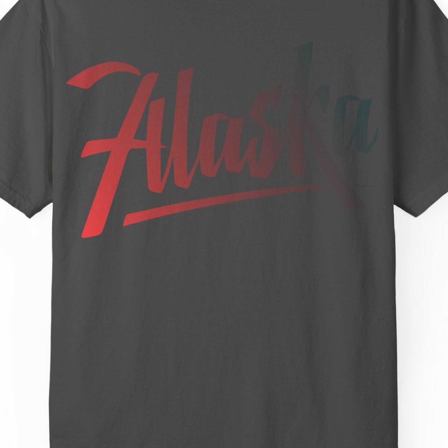 Alaska Script Wordmark Shirt Comfort Colors T-Shirt – Graphite – Alaska Cruise Shirts Close Up