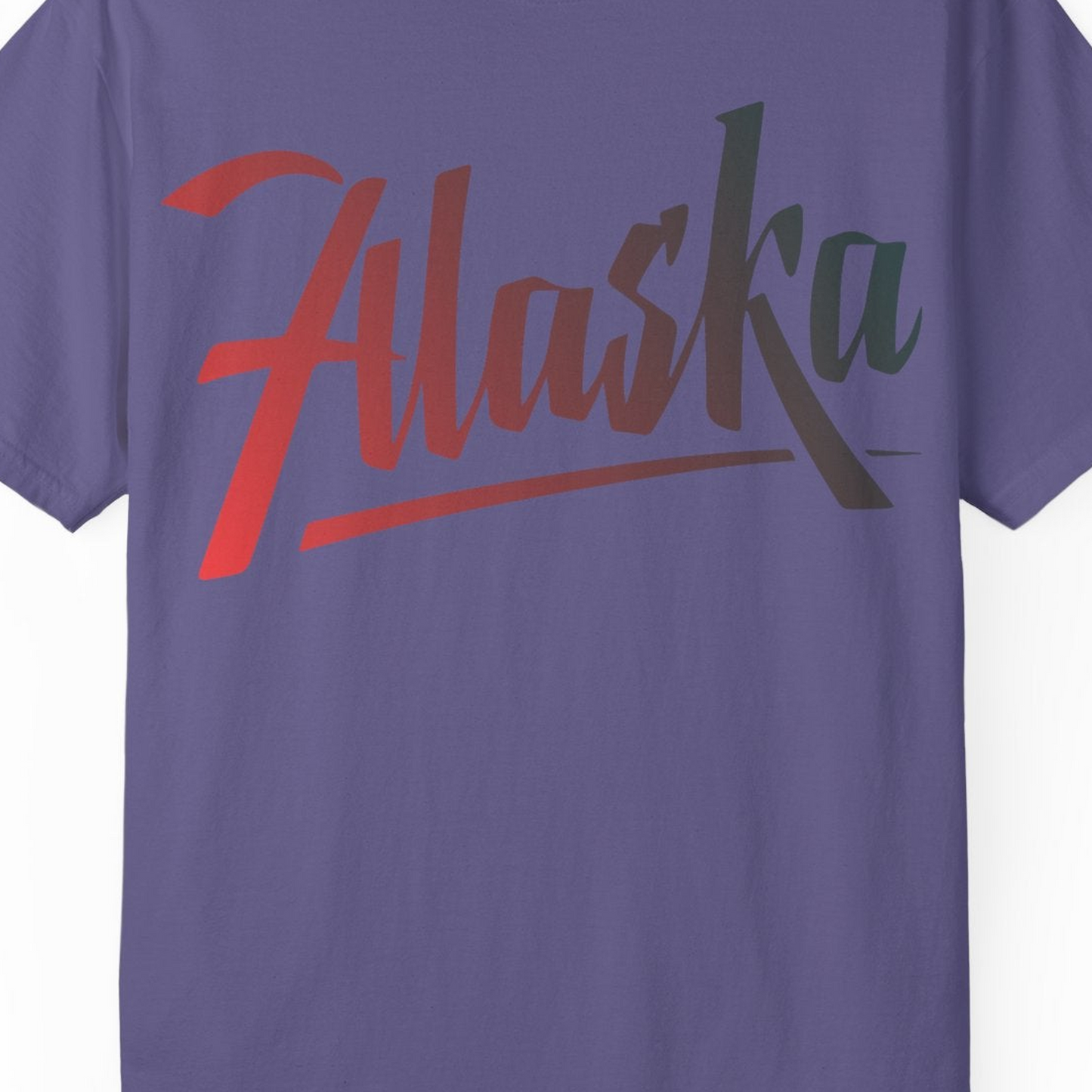 Alaska Script Wordmark Shirt Comfort Colors T-Shirt – Grape – Alaska Cruise Shirts Close Up