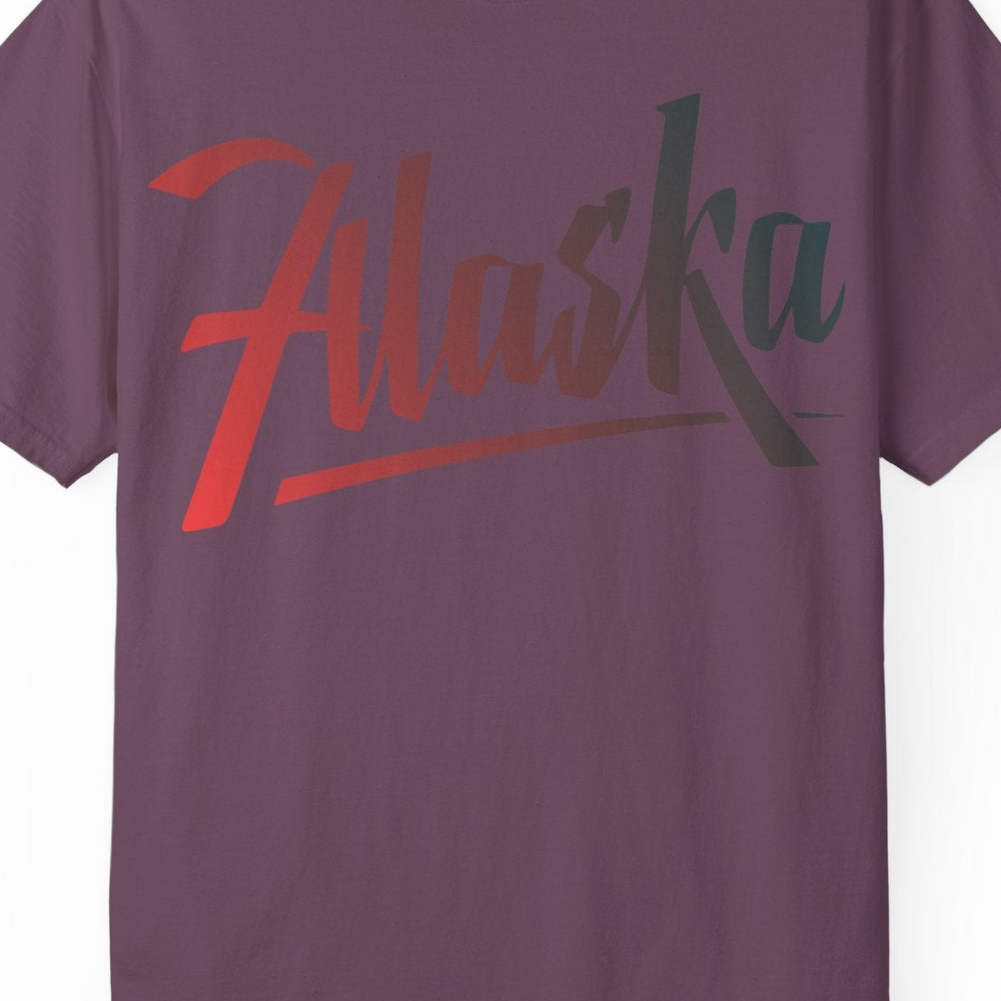 Alaska Script Wordmark Shirt Comfort Colors T-Shirt – Berry – Alaska Cruise Shirts Close Up