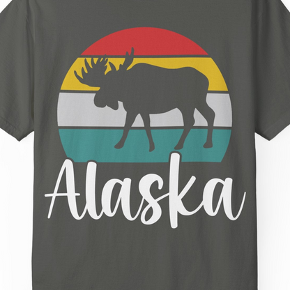 Retro Alaska Moose Silhouette Shirt Comfort Colors T-Shirt – Pepper – Alaska Cruise Shirts Close Up