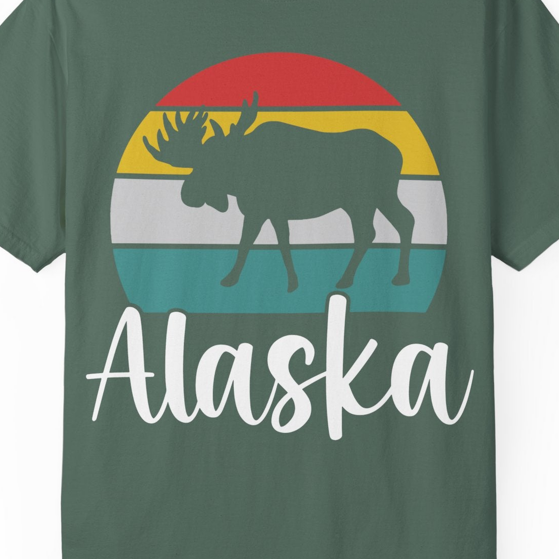 Retro Alaska Moose Silhouette Shirt Comfort Colors T-Shirt – Blue Spruce – Alaska Cruise Shirts Close Up