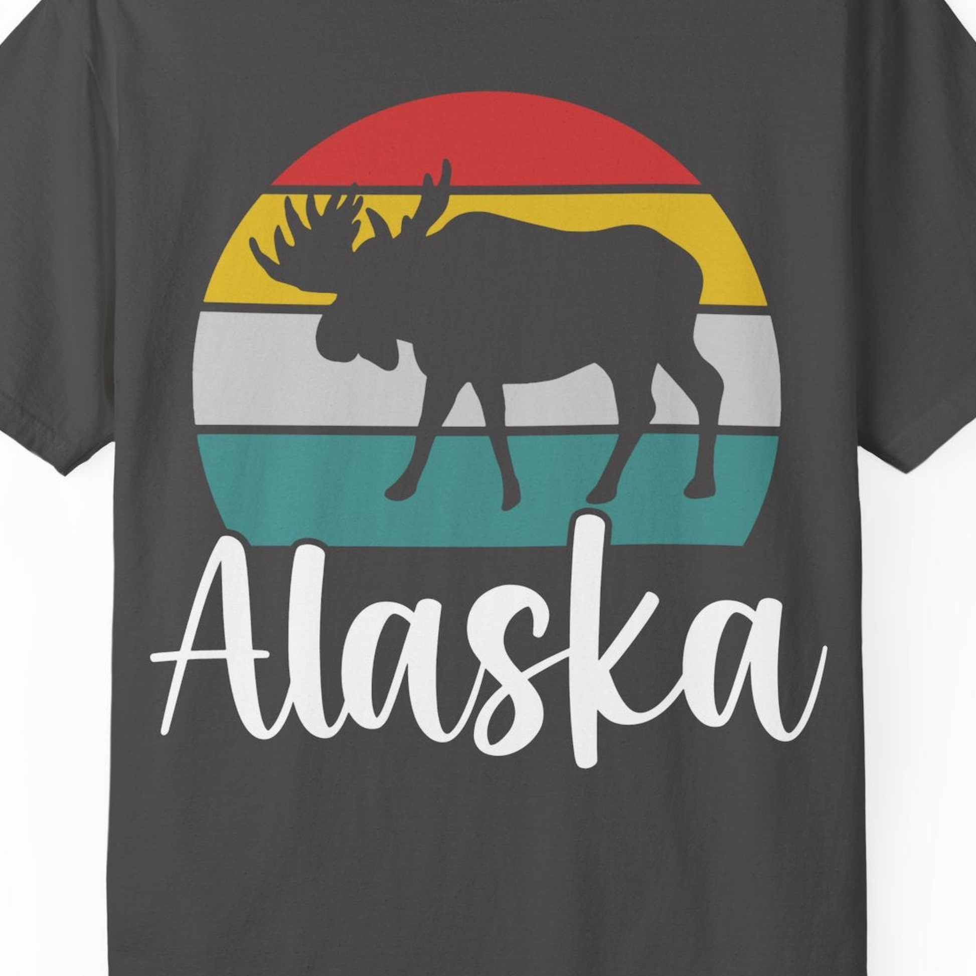 Retro Alaska Moose Silhouette Shirt Comfort Colors T-Shirt – Graphite – Alaska Cruise Shirts Close Up