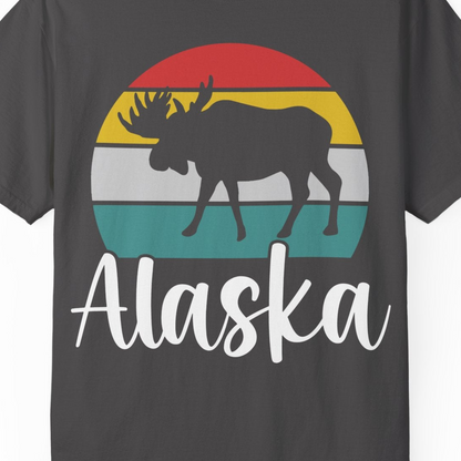 Retro Alaska Moose Silhouette Shirt Comfort Colors T-Shirt – Graphite – Alaska Cruise Shirts Close Up