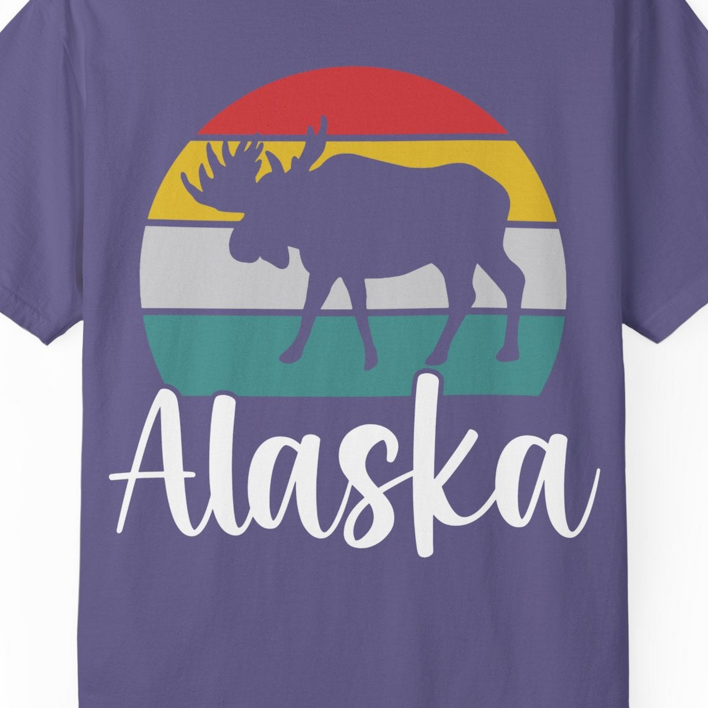 Retro Alaska Moose Silhouette Shirt Comfort Colors T-Shirt – Grape – Alaska Cruise Shirts Close Up