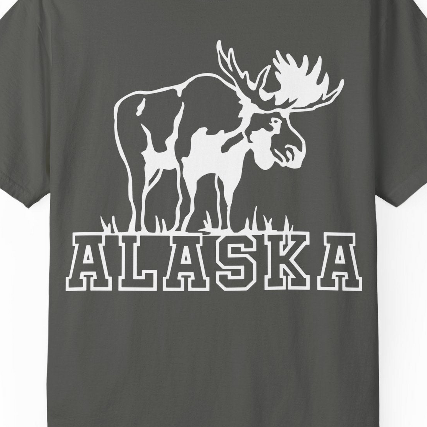 Alaska Moose Silhouette Shirt Comfort Colors T-Shirt – Pepper – Alaska Cruise Shirts Close Up