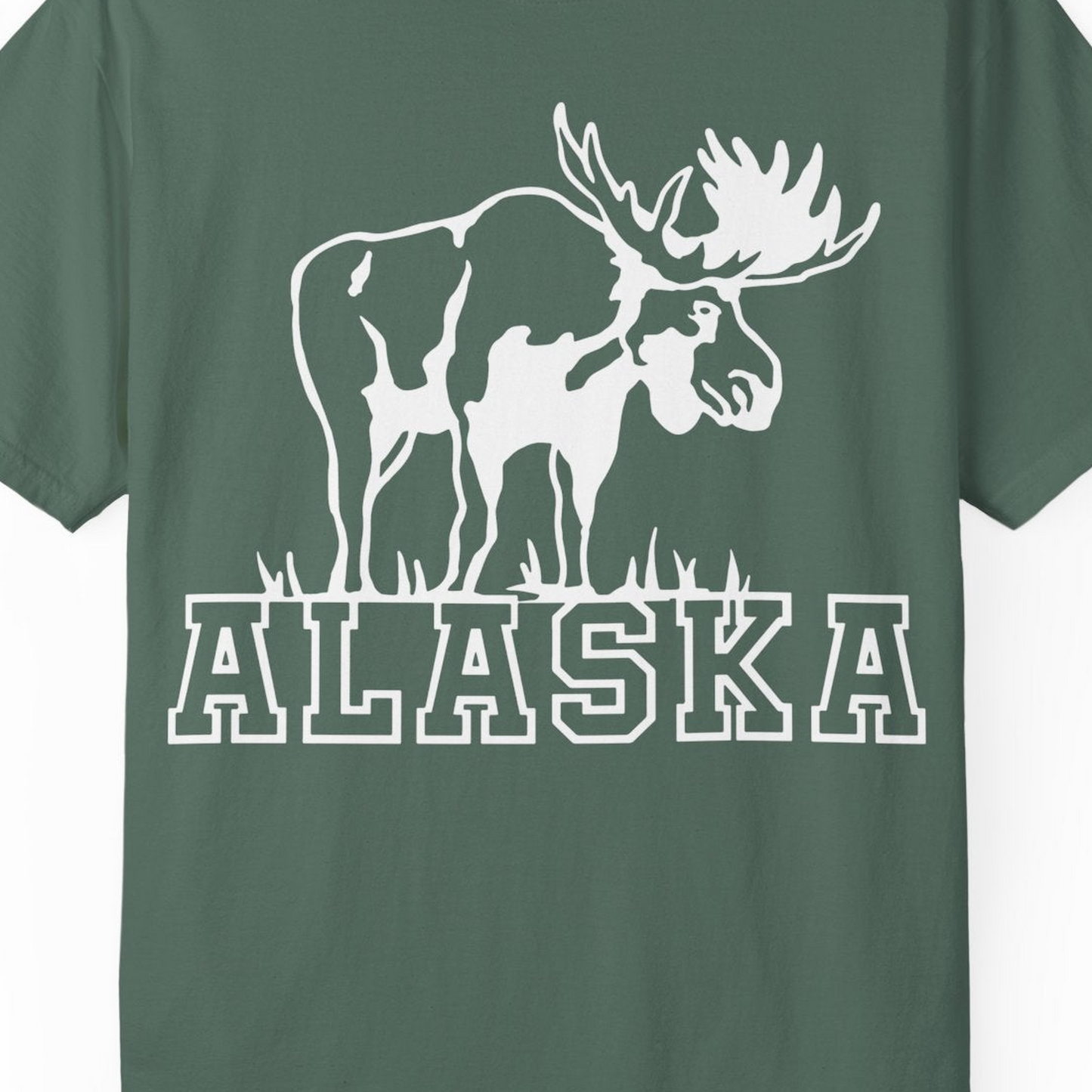 Alaska Moose Silhouette Shirt Comfort Colors T-Shirt – Blue Spruce – Alaska Cruise Shirts Close Up