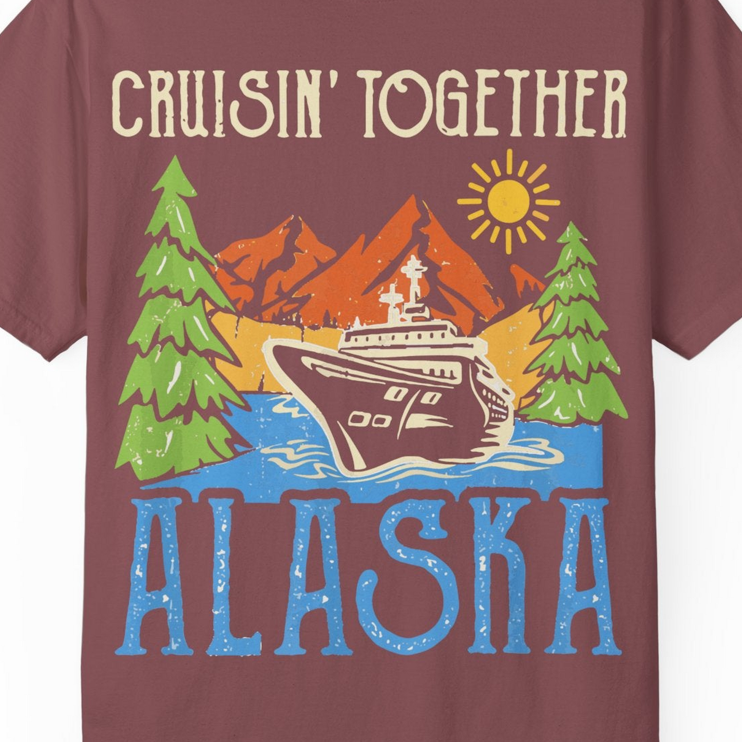 Alaska Cruise Adventure Nature Landscape Retro Family Shirt — Comfort Comfort Colors T-Shirt – Brick – Alaska Cruise Shirts Close Up