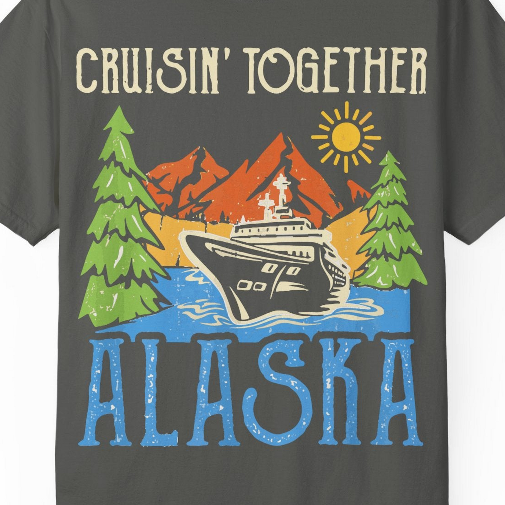 Alaska Cruise Adventure Nature Landscape Retro Family Shirt — Comfort Comfort Colors T-Shirt – Pepper – Alaska Cruise Shirts Close Up