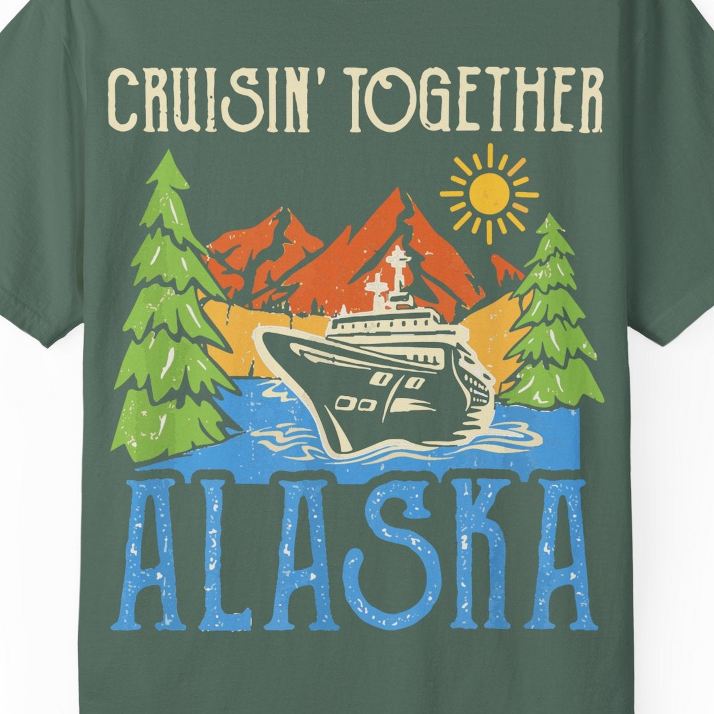 Alaska Cruise Adventure Nature Landscape Retro Family Shirt — Comfort Comfort Colors T-Shirt – Blue Spruce – Alaska Cruise Shirts Close Up