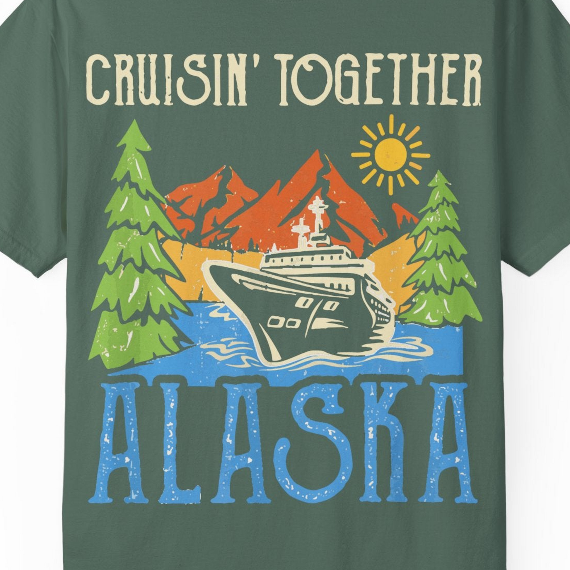 Alaska Cruise Adventure Nature Landscape Retro Family Shirt — Comfort Comfort Colors T-Shirt – Blue Spruce – Alaska Cruise Shirts Close Up
