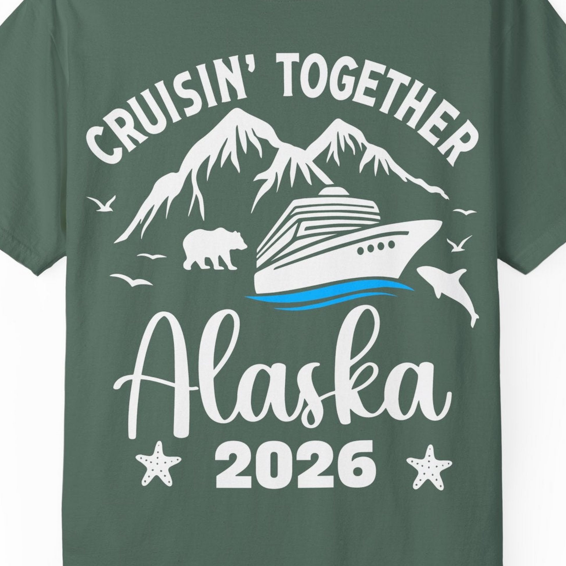 Alaska Cruise Adventure 2026 Shirt Comfort Colors T-Shirt – Blue Spruce – Alaska Cruise Shirts Close Up