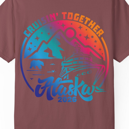 Alaska Cruise Adventure Mountains Wildlife Retro Family Group Shirt 2026 — Comfort Comfort Colors T-Shirt – Brick – Alaska Cruise Shirts Close Up