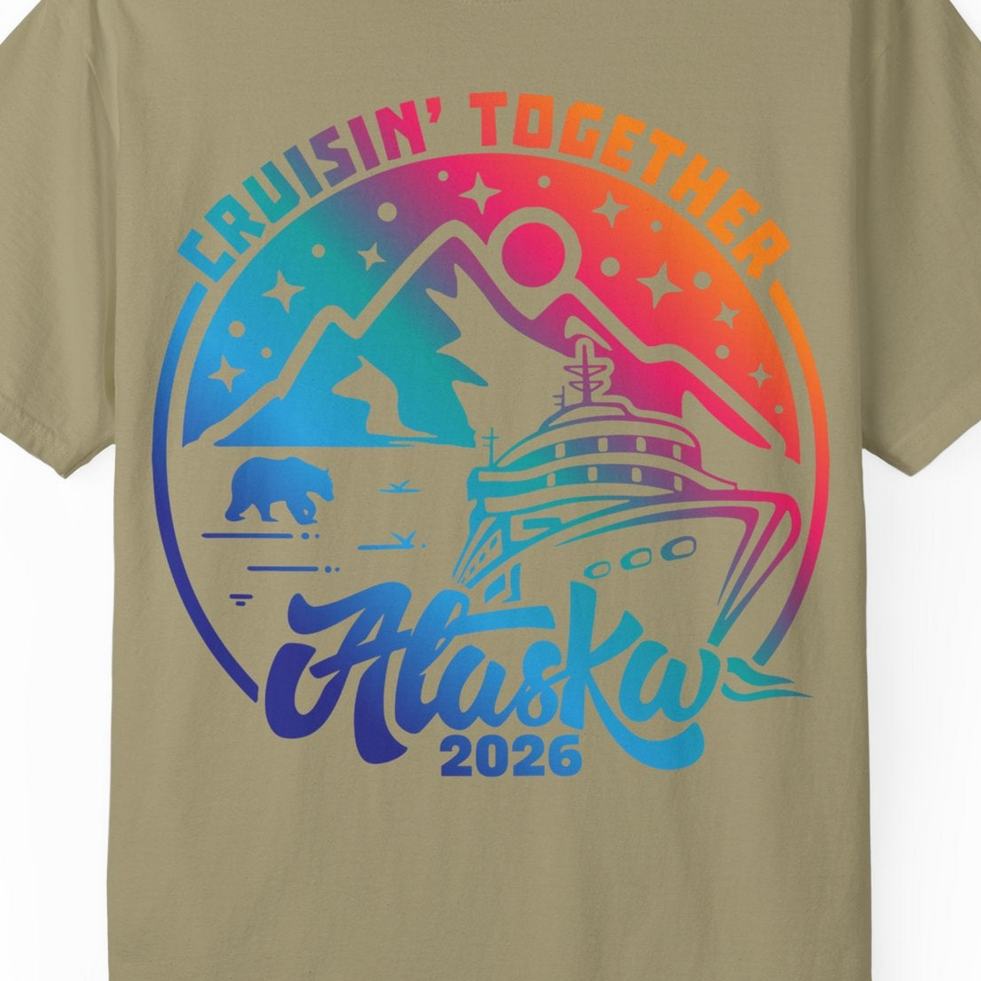 Alaska Cruise Adventure Mountains Wildlife Retro Family Group Shirt 2026 — Comfort Comfort Colors T-Shirt – Khaki – Alaska Cruise Shirts Close Up