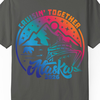 Alaska Cruise Adventure Mountains Wildlife Retro Family Group Shirt 2026 — Comfort Comfort Colors T-Shirt – Pepper – Alaska Cruise Shirts Close Up