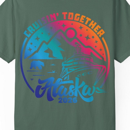Alaska Cruise Adventure Mountains Wildlife Retro Family Group Shirt 2026 — Comfort Comfort Colors T-Shirt – Blue Spruce – Alaska Cruise Shirts Close Up
