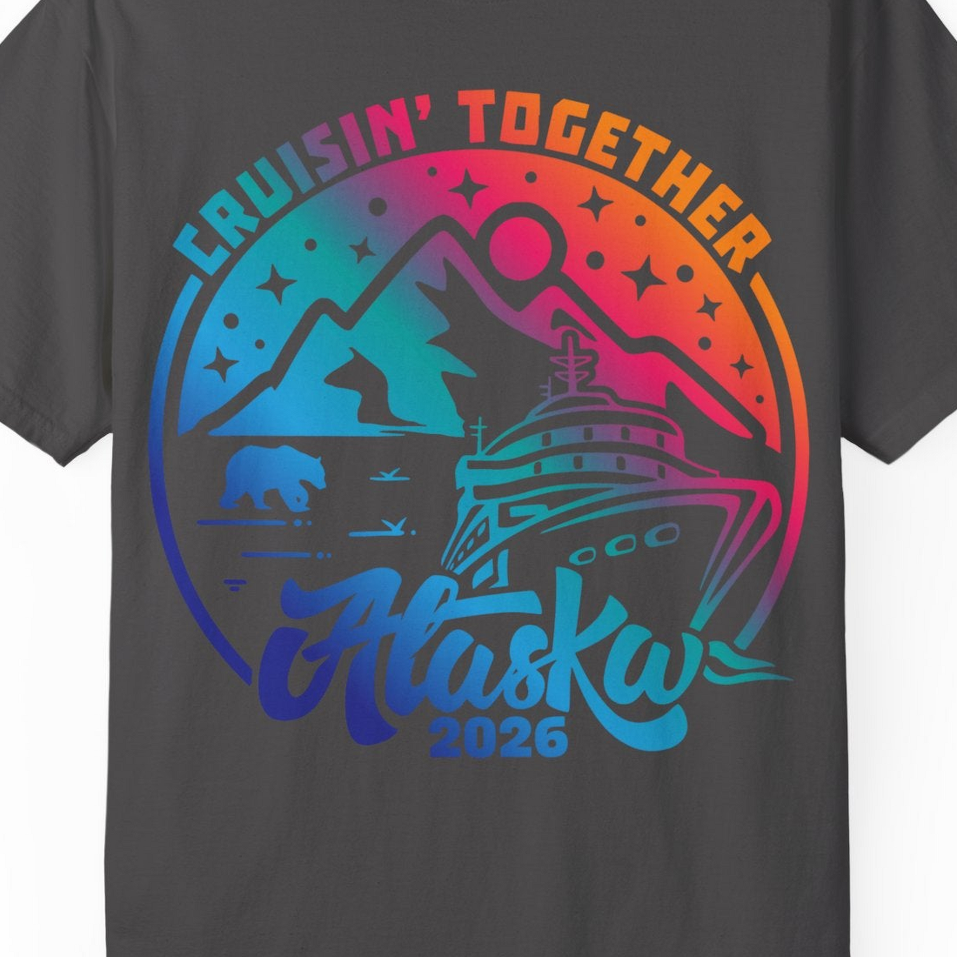 Alaska Cruise Adventure Mountains Wildlife Retro Family Group Shirt 2026 — Comfort Comfort Colors T-Shirt – Graphite – Alaska Cruise Shirts Close Up