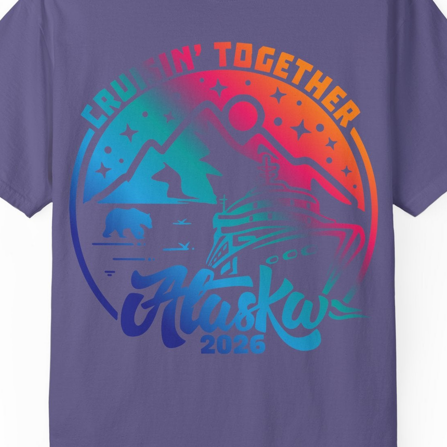 Alaska Cruise Adventure Mountains Wildlife Retro Family Group Shirt 2026 — Comfort Comfort Colors T-Shirt – Grape – Alaska Cruise Shirts Close Up