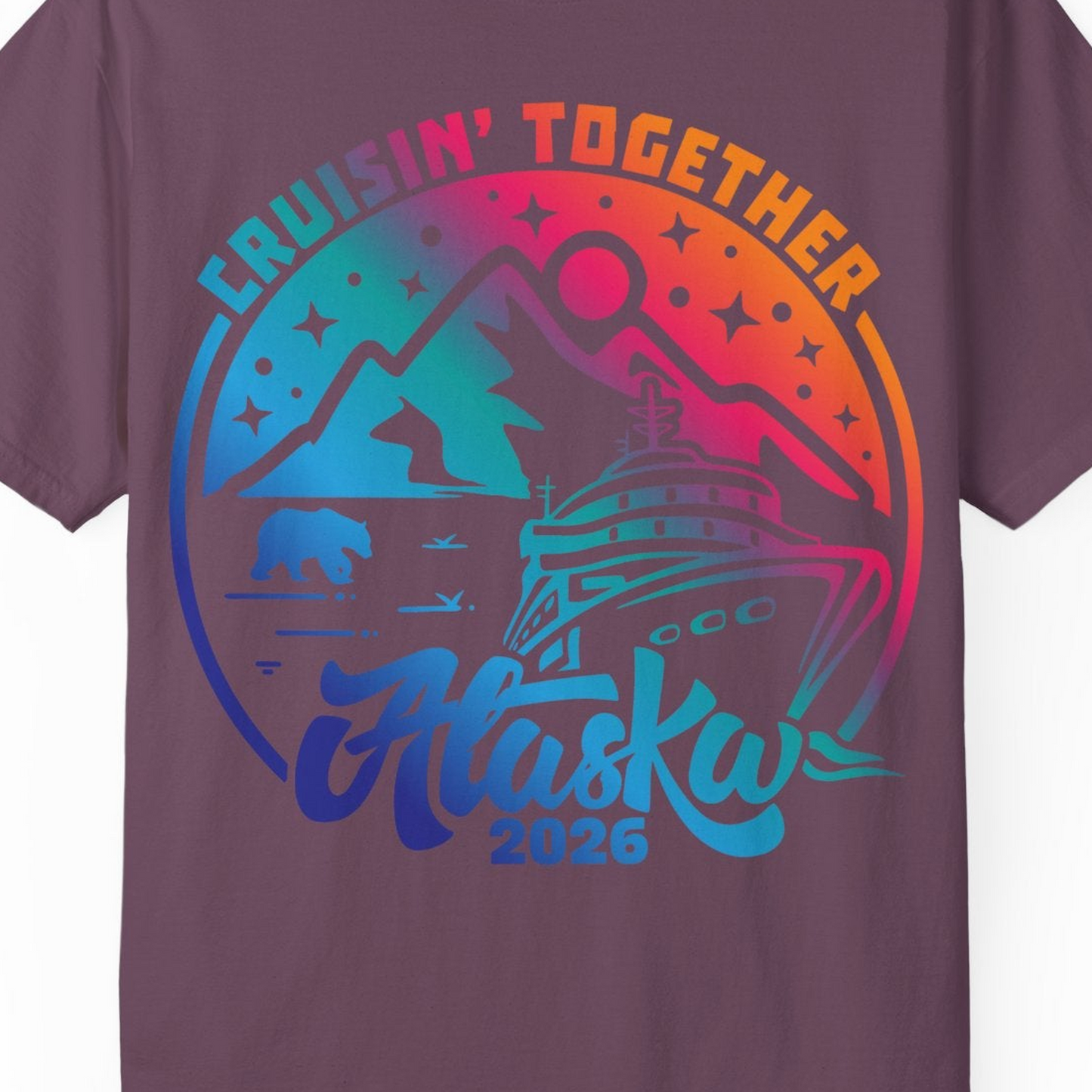 Alaska Cruise Adventure Mountains Wildlife Retro Family Group Shirt 2026 — Comfort Comfort Colors T-Shirt – Berry – Alaska Cruise Shirts Close Up